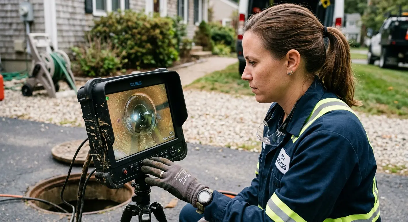 Technician reviewing sewer camera inspection footage in Whitehall