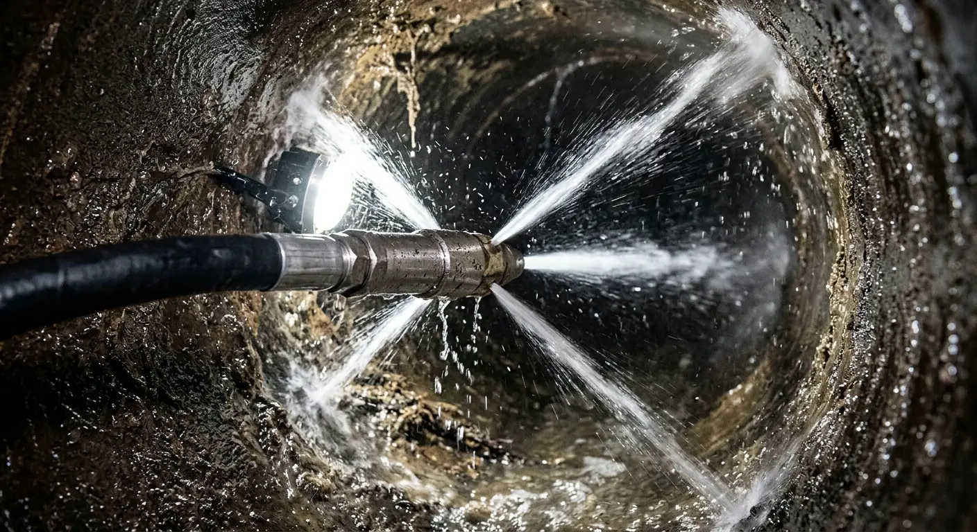 High-pressure hydro jetting nozzle cleaning sewer pipe for Emergency Drain Service in Whitehall
