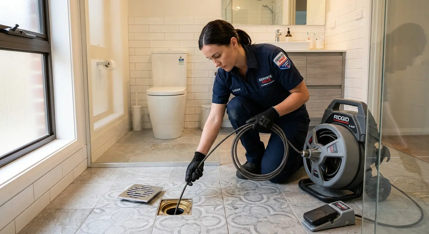 Technician clearing a bathroom floor drain for Drain Repair in Whitehall